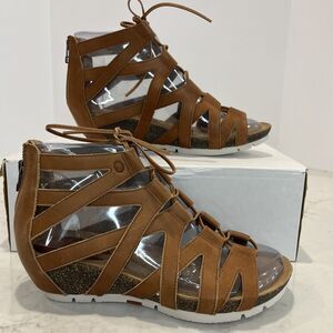 Josef Seibel NEW Gladiator Lace Zip Leather Wedge Sandals Brown‎ EU 37  US 6-6.5